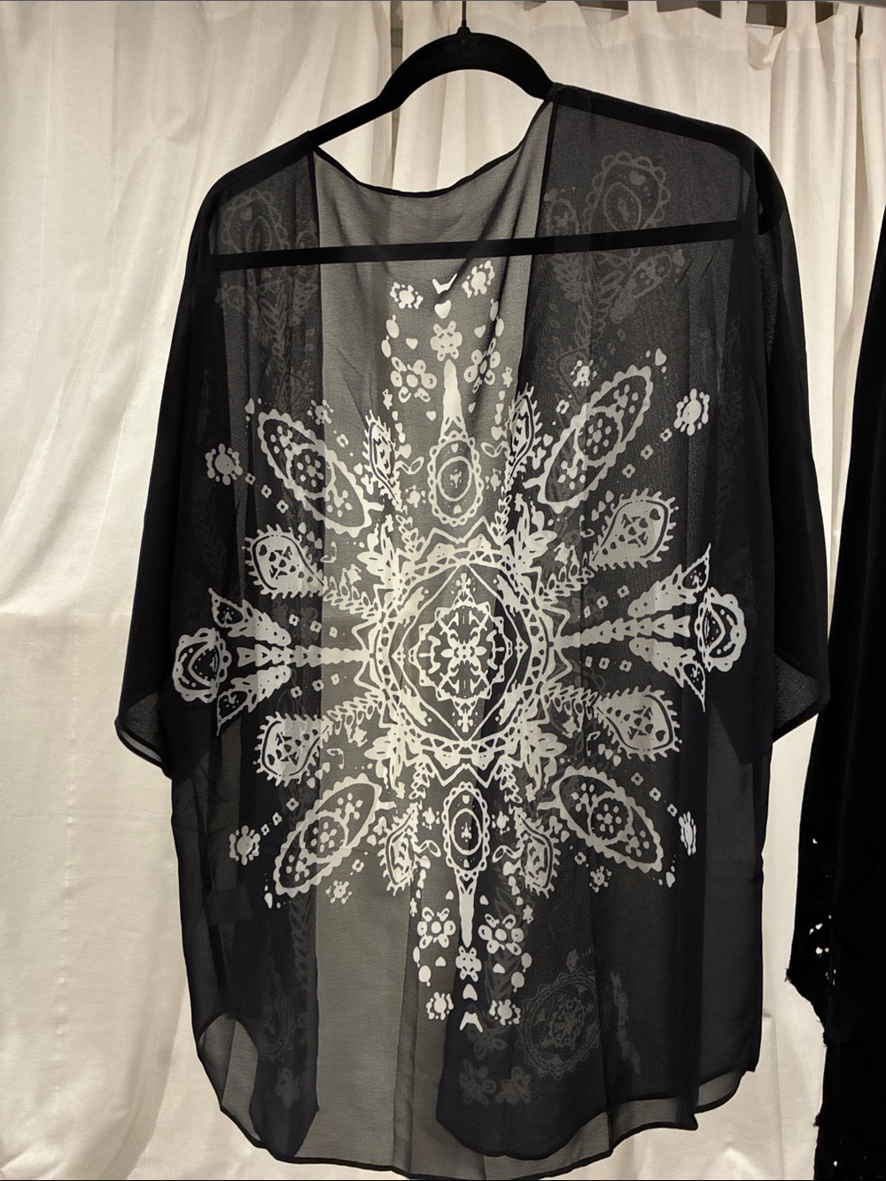 Black Sheer Kimono Cover-Up with White Mandala Print